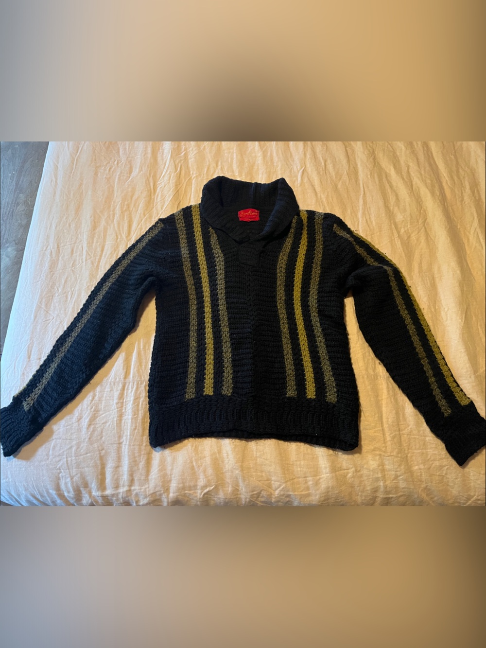 Vintage 50’s-60’s Jantzen Chunky Wool Black Cowl Neck Sweater with Olive Stripes